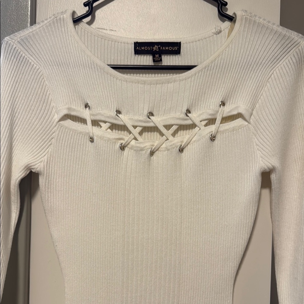 Almost Famous Ivory Ribbed Lace-Up Top